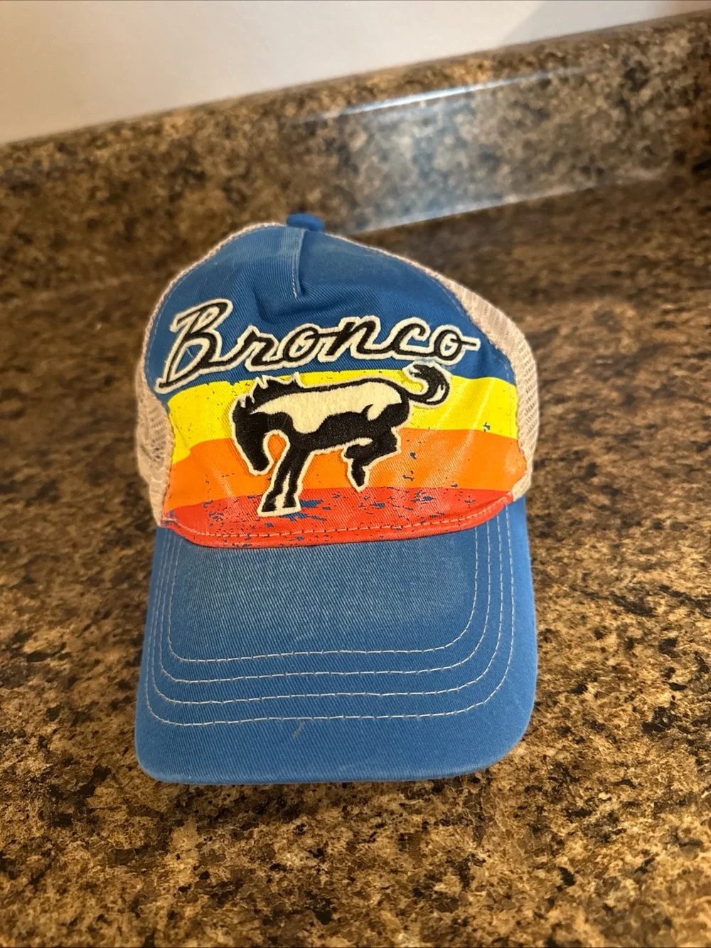 Ford Bronco Blue Trucker Hat with Rainbow Stripe & Black Bronco Patch